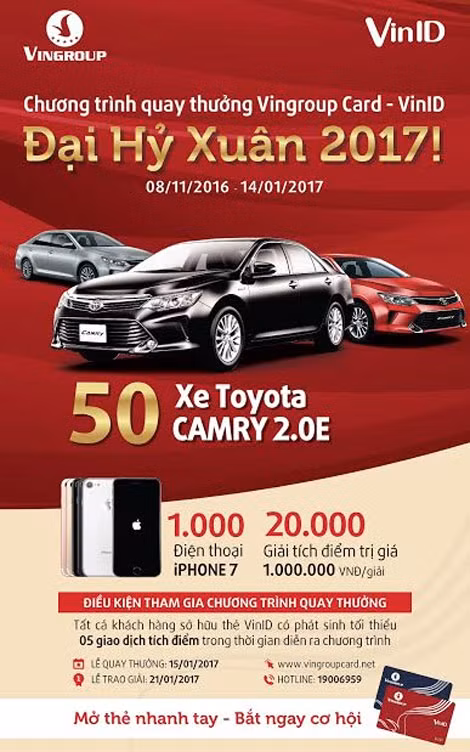 Chủ thẻ VinID và Vingroup Card sẽ có cơ hội trúng thưởng với tổng giá trị kỷ lục lên tới gần 100 tỷ trong chương trình “Đại hỷ Xuân 2017!”.