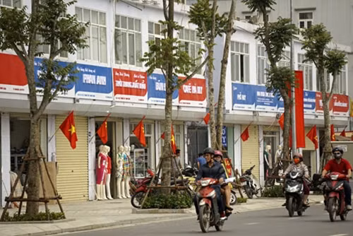 Các biển hiệu “đồng phục” trên phố Lê Trọng Tấn. ảnh: Hữu Nghị