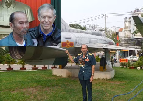 Ông Bảy bên chiếc Mig-21 trong Bảo tàng Không quân (ảnh lớn) và với Tướng Steve Richie trong một lần hội ngộ.