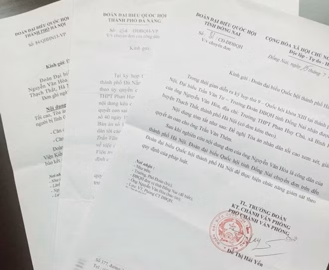 Văn bản phản hồi của đoàn đại biểu Quốc hội một số tỉnh, thành về việc tiếp nhận và chuyển đơn của ông Thêm đến cơ quan có thẩm quyền giải quyết.