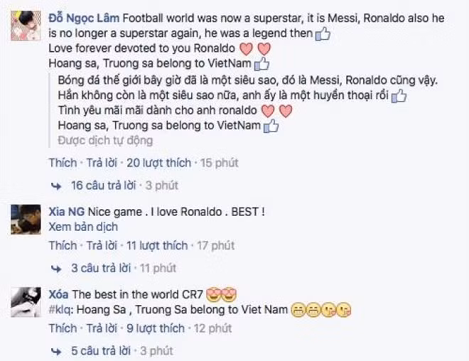 Một số bình luận Hoàng Sa, Trường Sa là của Việt Nam xuất hiện trên fanpage Ronaldo