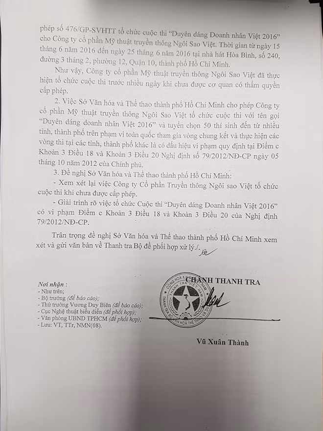 Công văn của Bộ VH-TT&DL đề nghị Sở VH-TT TPHCM xem xét lại cuộc thi "Duyên dáng Doanh nhân Việt 2016". (bản photo)