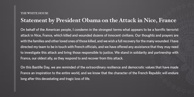 Thông điệp của Tổng thống Mỹ Obama về vụ tấn công tại thành phố Nice, Pháp đăng trên trang Twitter của Nhà Trắng.