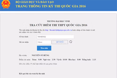 Kết quả tra cứu các môn thi của thí sinh Hùng. Kết quả tra cứu các môn thi của thí sinh Hùng.