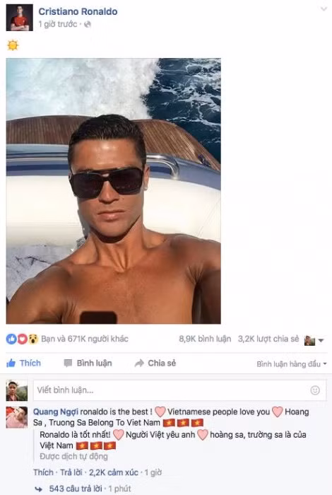 Các fan của CR7 thể hiện chủ quyền biển đảo với hai quần đảo Hoàng Sa và Trường Sa trên fanpage Ronaldo.