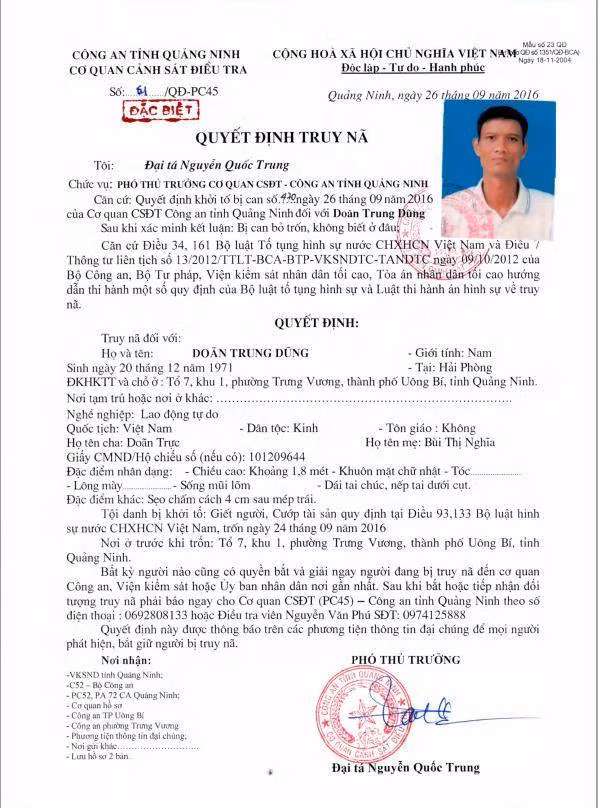 Lệnh truy nã Doãn Trung Dũng