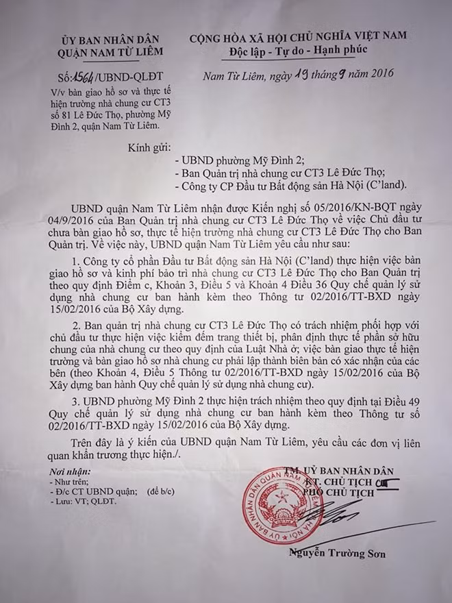 Công văn 1564 của UBND quận Nam Từ Liêm