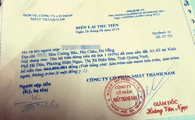 Biên lai thu tiền đặt cọc mua đất nền do Công ty CP Nhất Thành Nam làm nhà phân phối.