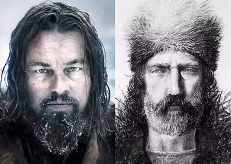 Diễn viên DiCaprio trong vai Hugh Glass (trái) và hình vẽ Glass ngoài đời thật.