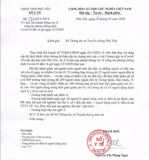 Báo cáo nhanh của Sở Y tế tỉnh Phú Yên đến 14h chiều ngày 12-3. Ảnh: Hữu Toàn Báo cáo nhanh của Sở Y tế tỉnh Phú Yên đến 14h chiều ngày 12-3. Ảnh: Hữu Toàn