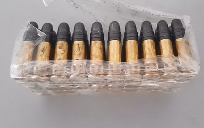 50 viên đạn đầu chì ký hiệu 22LR-CCI trên xe ô tô chuyện dụng vận chuyển bưu phẩm đang bị tạm giữ.