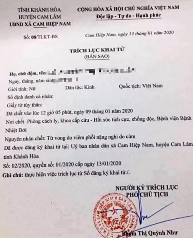 Trích lục khai tử của bé H. Ảnh : CTV