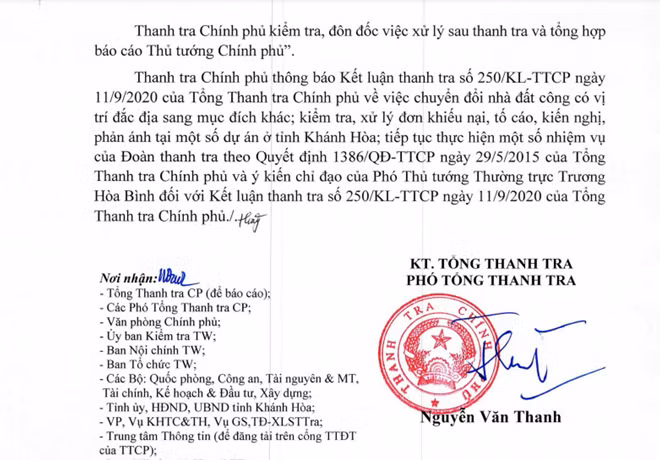 Thông báo về kết luận thanh tra của Thanh tra Chính phủ. Ảnh : Hữu Toàn (chụp lại văn bản)