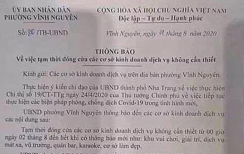 Thông báo chỉ đạo tạm thời đóng cửa các cơ sở kinh doanh dịch vụ không cần thiết của UBND phường Vĩnh Nguyên đã được UBND TP Nha Trang chỉ đạo thu hồi
