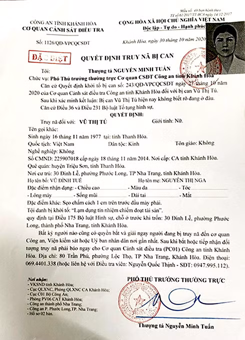 Quyết định truy nã bị can Vũ Thị Tú