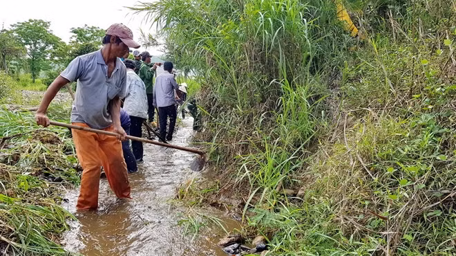 Tất bật đào bới, nạo vét để tìm nguồn nước chống hạn cứu lúa. Ảnh : Phan Văn Lương