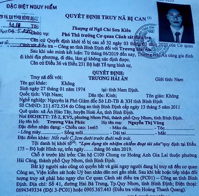 Quyết định truy nã bị can Trương Hải Ân trên toàn quốc theo diện đặc biệt nguy hiểm. Quyết định truy nã bị can Trương Hải Ân trên toàn quốc theo diện đặc biệt nguy hiểm.
