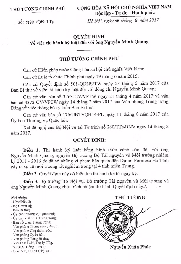 Quyết định cảnh cáo ông Nguyễn Minh Quang