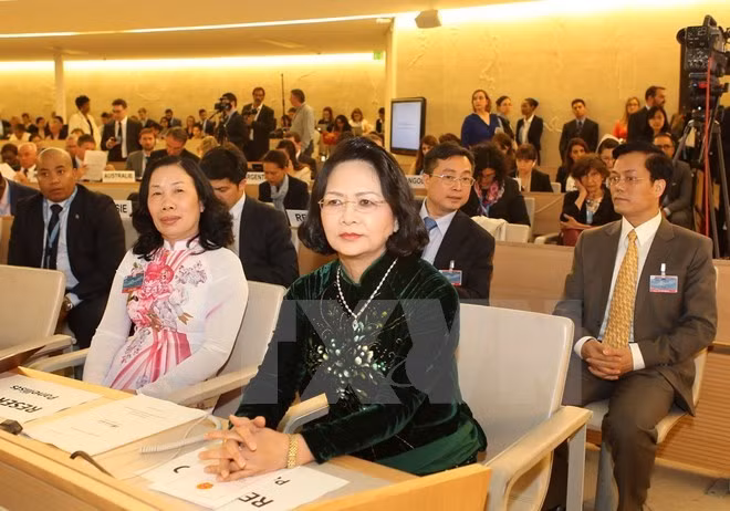 Phó Chủ tịch nước Đặng Thị Ngọc Thịnh tại khóa họp của Hội đồng Nhân quyền LHQ ở Geneva, Thụy Sĩ. ảnh: TTX