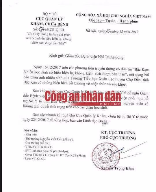 Công văn đề nghị BV Nhi Trung ương cử chuyên gia xác định nguyên nhân vụ việc