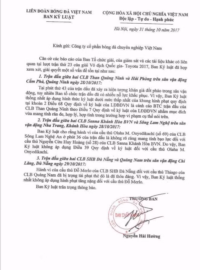 Văn bản phản hồi của Ban Kỷ luật VFF khẳng định pha đánh nguội của cầu thủ Sông Lam là "không rõ ràng mang tính bạo lực" (khoản 2).