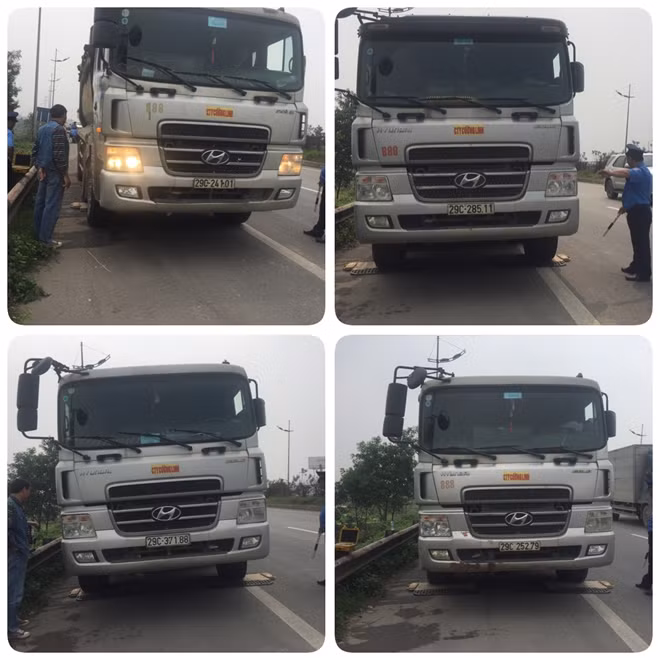 Cả 4 xe chở vật liệu xây dựng cao quá thành bị kiểm tra sáng 29-3 đều có dán "logo" của C.Ty Cường Linh trước đầu xe và bên cửa xe.