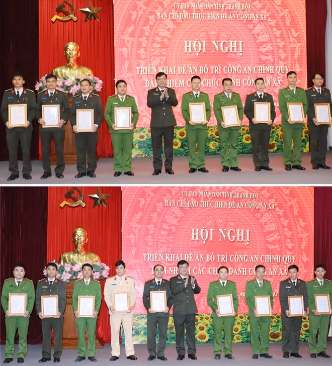 Thiếu tướng Nguyễn Hải Trung, Giám đốc Công an tỉnh Thanh Hoá trao Quyết định cho một số Trưởng Công an xã