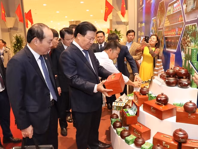 Phó thủ tướng Trịnh Đình Dũng thăm quan các gian hàng trưng bày triển lãm tại Diễn đàn
