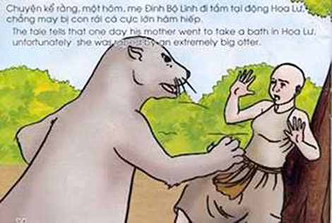 Tranh vẽ lại Huyền thoại Đinh Bộ Lĩnh là con trai của rái cá. Nguồn: "Thuở thiếu thời hàn vi của Đinh Bộ Lĩnh" (Nxb Giáo dục, 2008).