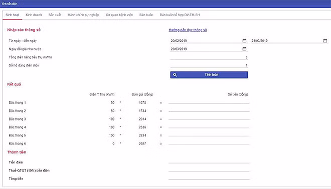 Công cụ tính tiền điện trực tuyến trên website EVN HANOI.