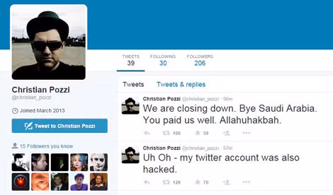 Tài khoản Twitter của Christian Pozzi bị hacker chiếm quyền điều khiển.