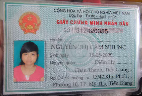 CMND giả có hình cháu An mang tên Nguyễn Thị Cẩm Nhung.