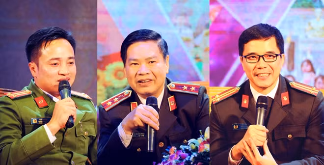Trung tá Mai Hoàng, Trưởng Công an huyện Mộc Châu và Trung tướng Nguyễn Xuân Mười, nguyên Phó Tổng cục trưởng Tổng cục Chính trị CAND cùng Trung tá Nguyễn Hồng Phong, Phó Cục trưởng Cục An ninh nội địa giao lưu trong chương trình.