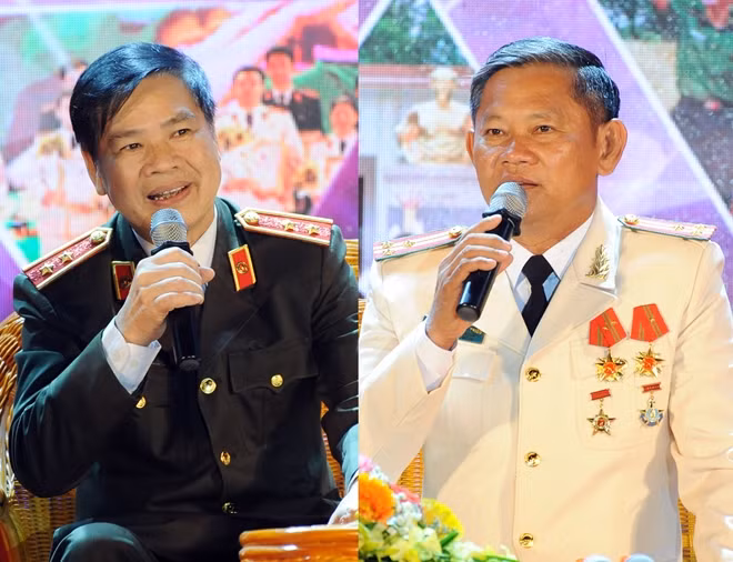 Trung tướng, PGS.TS Nguyễn Xuân Mười, Nguyên Phó Tổng cục trưởng Tổng cục Chính trị Công an nhân dân và Thượng tá Khưu Thanh Triều, Tiểu đoàn trưởng Tiểu đoàn Cảnh sát đặc nhiệm số 2, Bộ Tư lệnh CSCĐ chia sẻ tại buổi giao lưu.