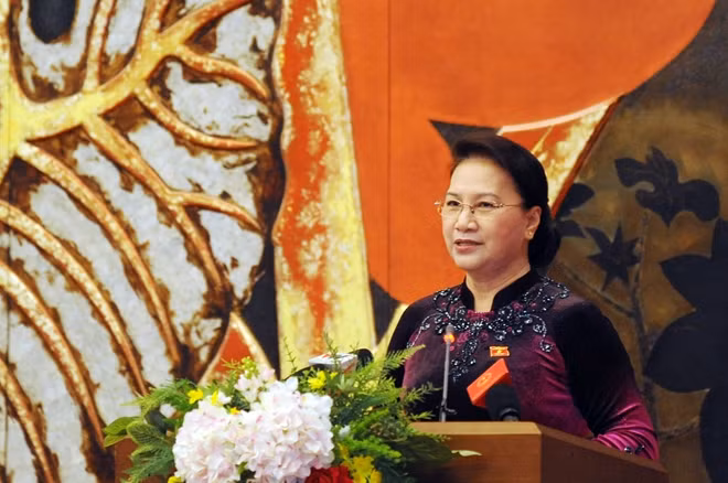 Chủ tịch Quốc hội Nguyễn Thị Kim Ngân phát biểu tại buổi gặp mặt.