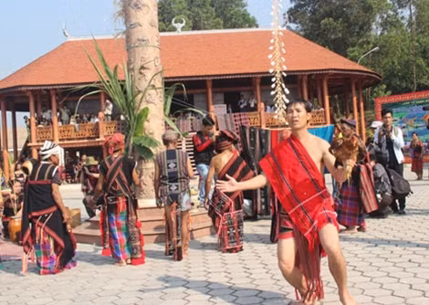 Khách mời muốn vào tham dự lễ hội phải bắt con gà ở trên cây bông nêu.