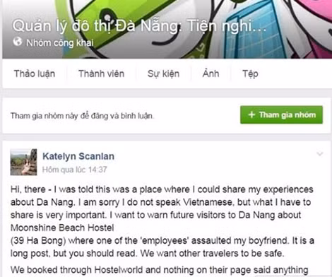 Phản ánh của nữ du khách Katelyn Scanlan trên trang Facebook Quản lý đô thị Đà Nẵng…