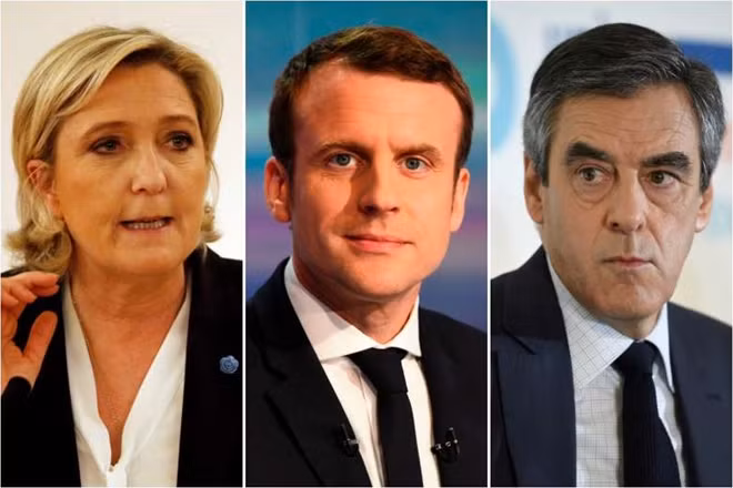 Từ trái qua phải, 3 ứng viên sáng giá nhất: Marine Le Pen, Emmanuel Marcon và Francois Fillon