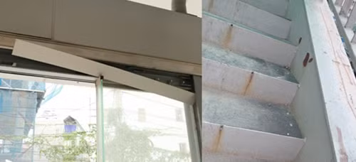 Dù chưa khánh thành nhưng tấm ốp đã rơi xuống, còn bậc thang thì bắt đầu hoen rỉ.