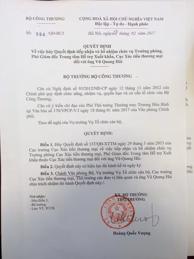 Quyết định về việc rút quyết định bổ nhiệm cũ của ông Vũ Quang Hải
