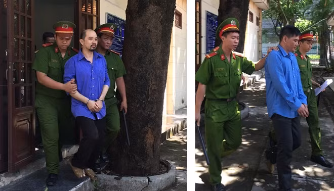 Bị cáo Trần Minh Tùng (đầu hói) và Nguyễn Văn Hậu sau phiên xử