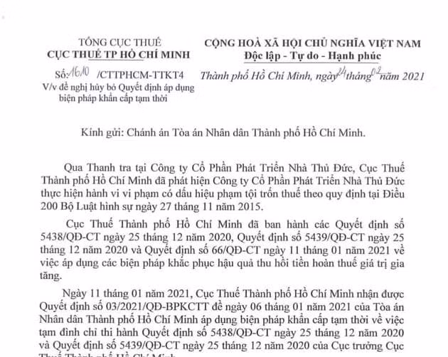 Văn bản của Cục Thuế TP Hồ Chí Minh gửi Chánh án TAND TP Hồ Chí Minh.