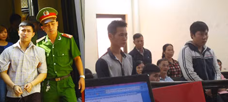 Nguyễn Trí Thanh bị áp giải và hai bị cáo Tuấn Anh, Toàn tại phiên phúc thẩm.