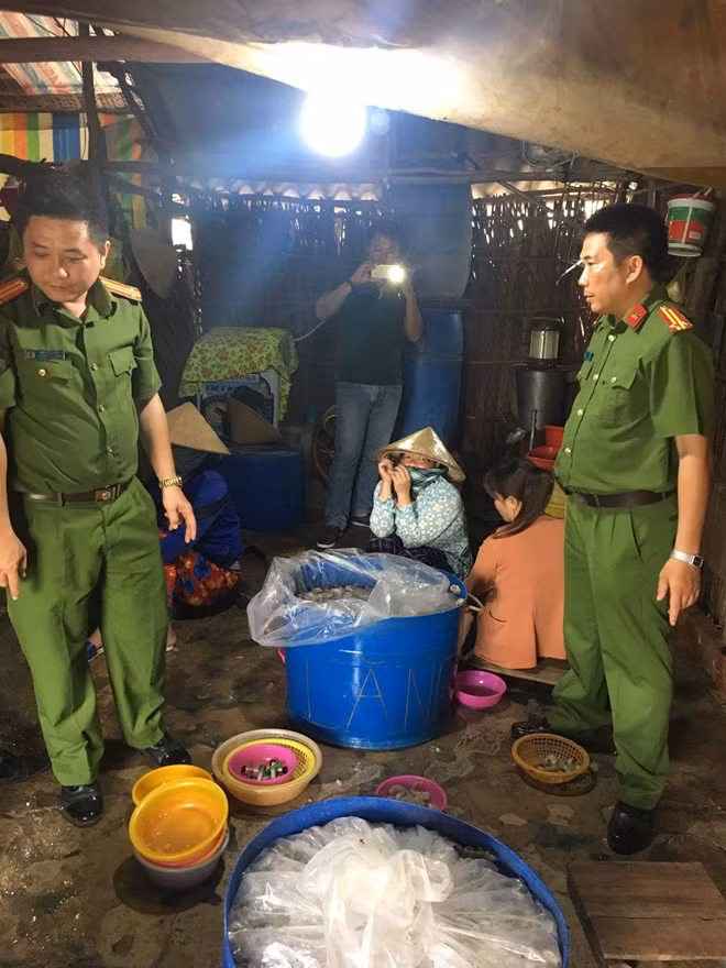 Tại thời điểm kiểm tra, lực lượng Công an phát hiện công nhân đang bơm tạp chất vào tôm nguyên liệu.
