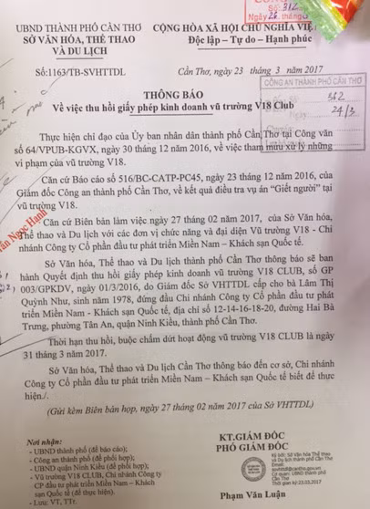 Thông báo của Sở VH-TT&DL TP Cần Thơ vế việc thu hồi giấy phép hoạt động của vũ trường V18. Thông báo của Sở VH-TT&DL TP Cần Thơ vế việc thu hồi giấy phép hoạt động của vũ trường V18.