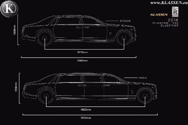 Chiều dài tổng thể của Rolls-Royce Phantom VIII độ limousine đạt mức 7.032 mm.