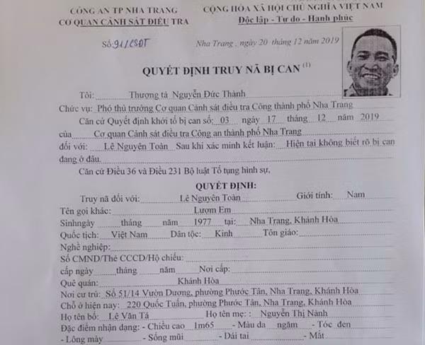 Quyết định truy nã Lê Nguyên Toàn.