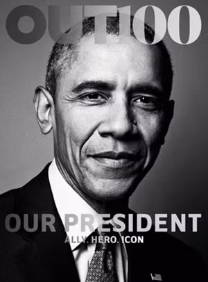 Hình ảnh ông Obama trên bìa Out với bảng xếp hạng 100 người có tầm ảnh hưởng lớn năm 2015.