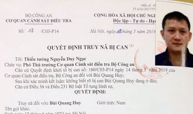 Quyết định truy nã đối tượng Bùi Quang Huy.