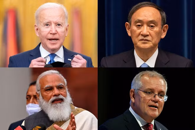 Các nhà lãnh đạo Bộ tứ gồm Tổng thống Mỹ Joe Biden, Thủ tướng Nhật Bản Yoshihide Suga, Thủ tướng Australia Scott Morrison, Thủ tướng Ấn Độ Narendra Modi nhóm họp trực tuyến ngày 12-3. Ảnh: EPA (thứ tự ảnh từ trái sang phải theo chiều kim đồng hồ).
